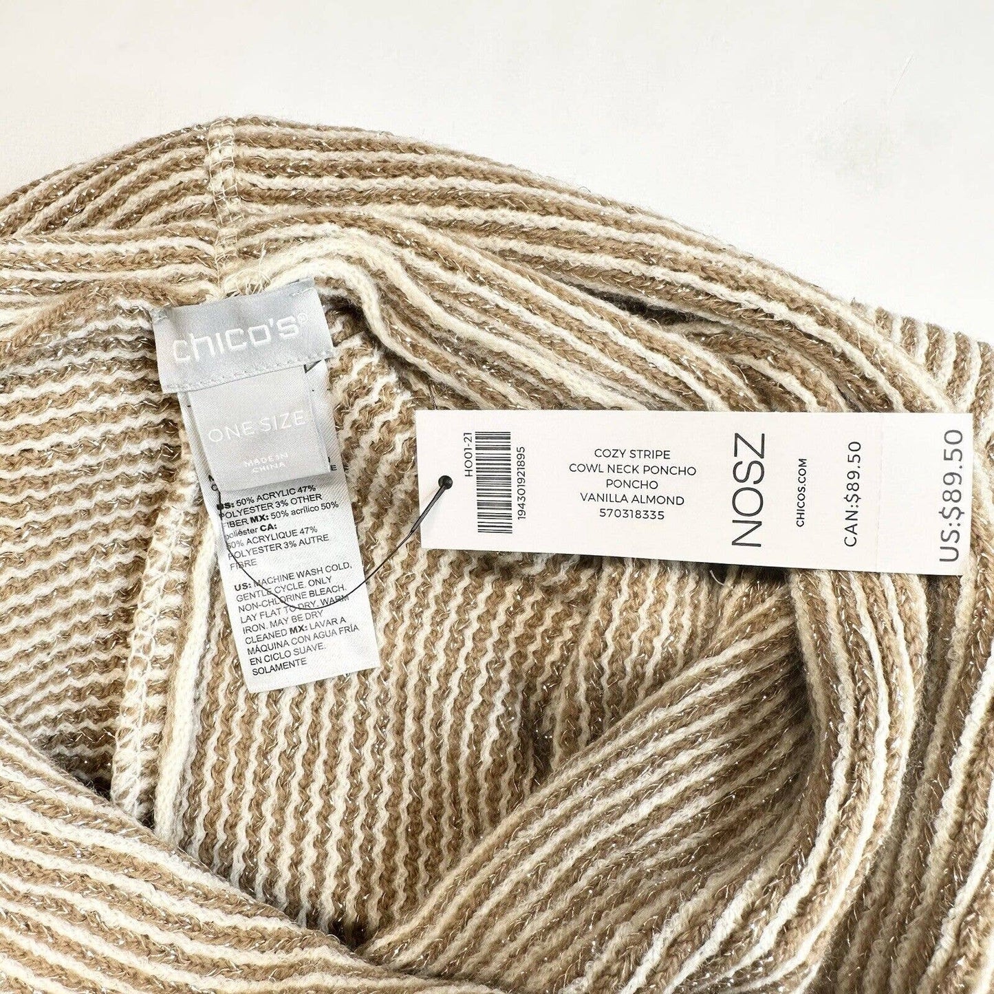 Chicos Cowl Neck Poncho OS Beige/Tan Metallic Striped Knit Sweater Fringe NEW