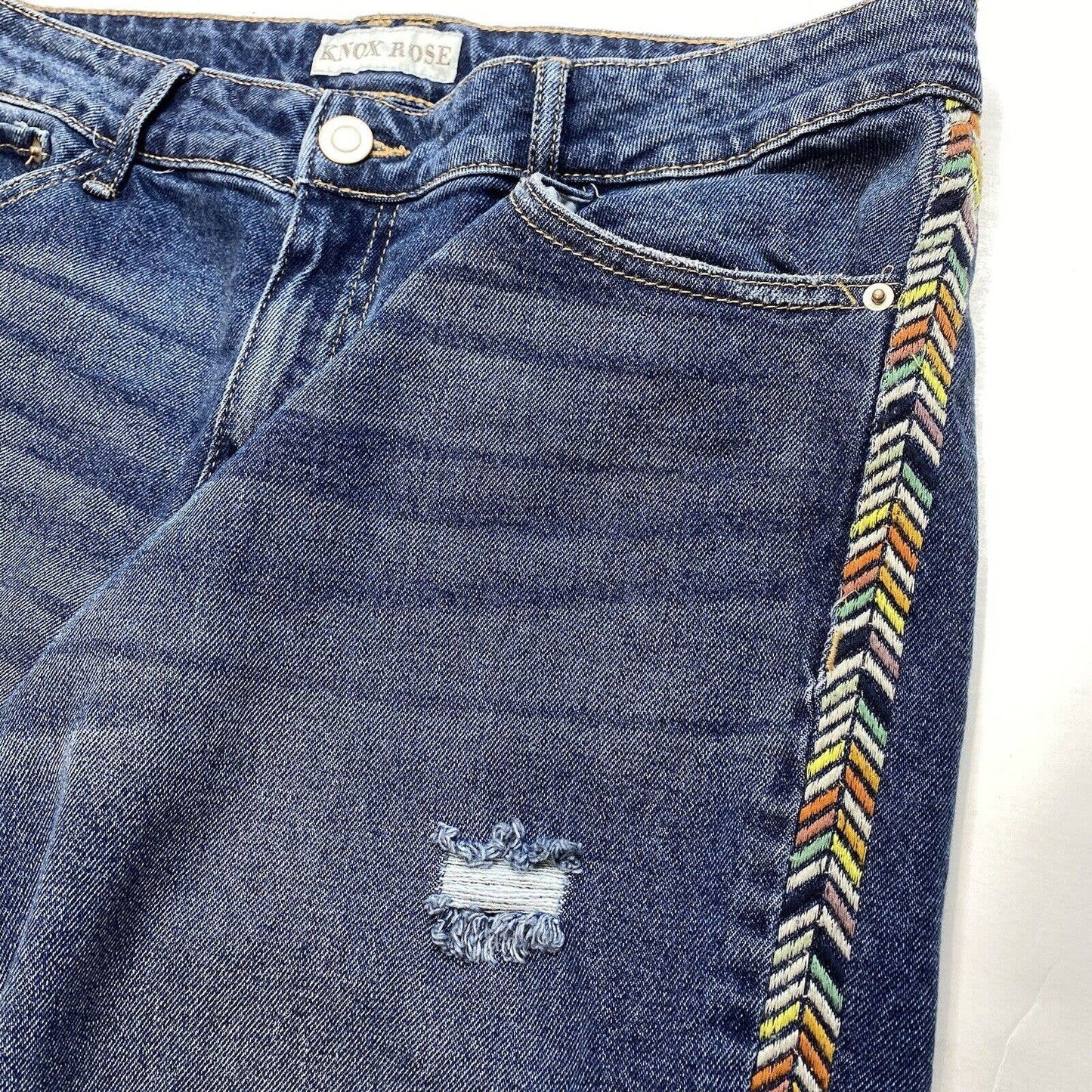 Knox Rose Relaxed Straight Ankle Jeans Sz 10 Denim Distress Embroidered Stripes