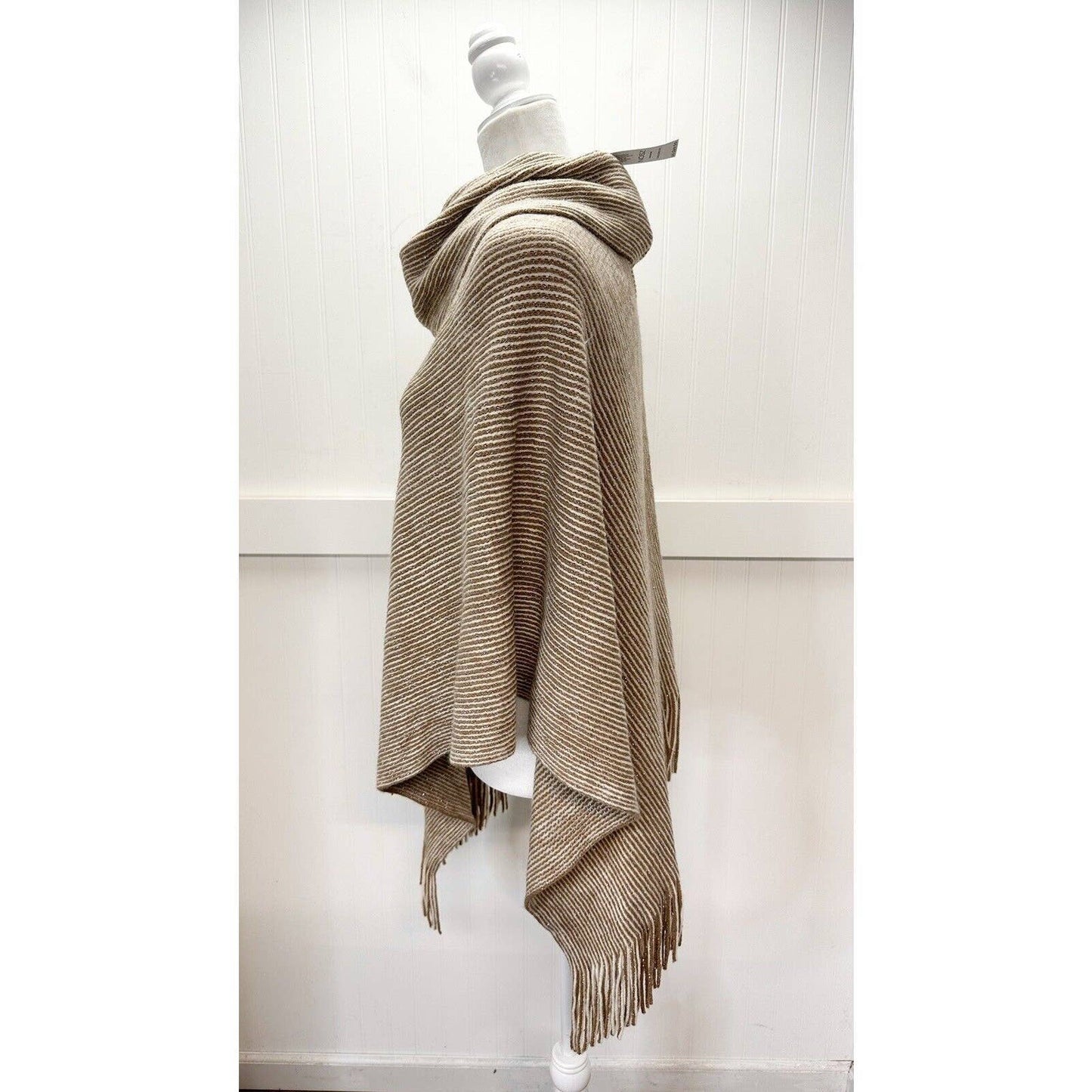 Chicos Cowl Neck Poncho OS Beige/Tan Metallic Striped Knit Sweater Fringe NEW