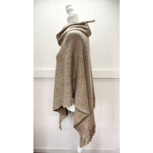 Chicos Cowl Neck Poncho OS Beige/Tan Metallic Striped Knit Sweater Fringe NEW