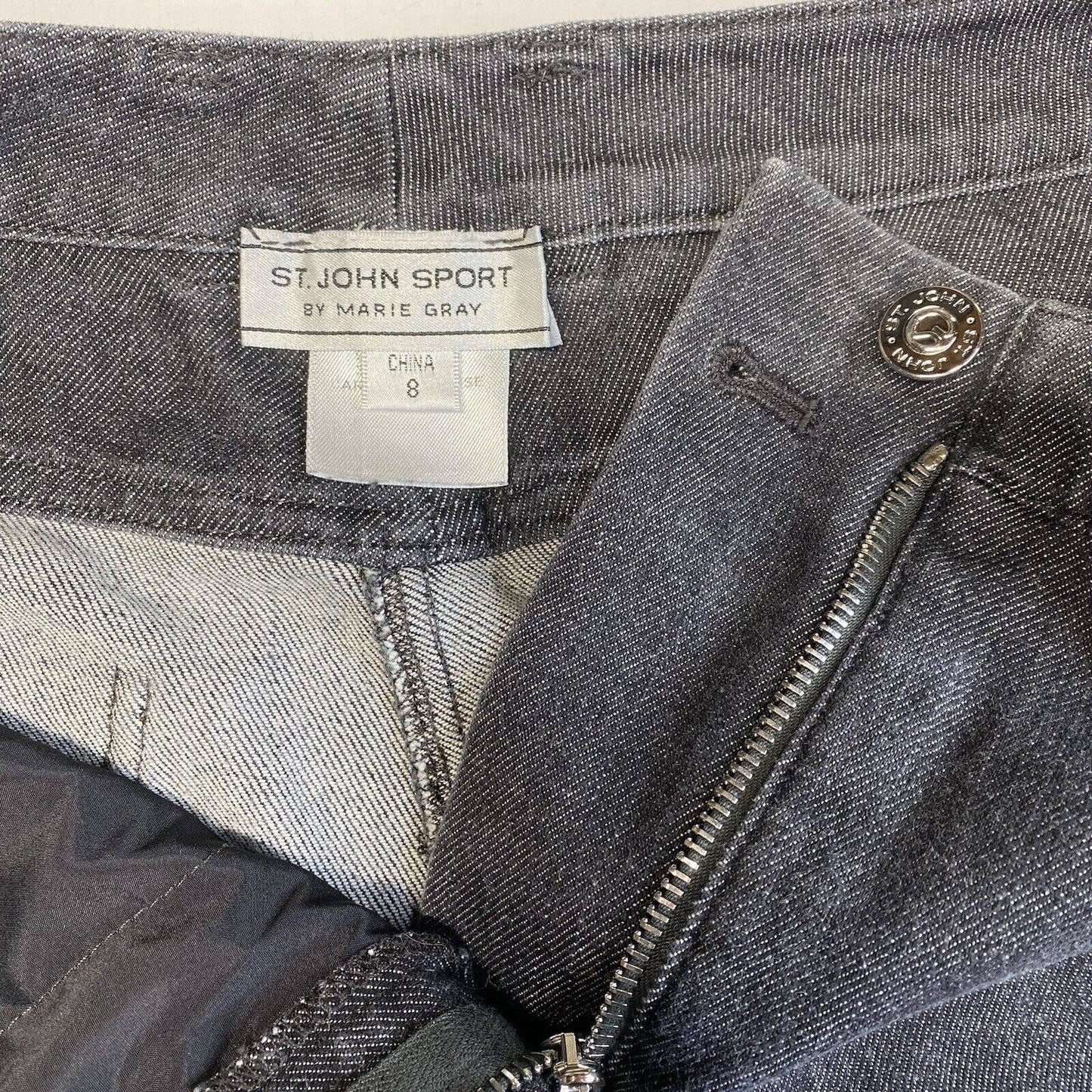St. John Sport Straight Leg Jeans Sz 8 Womens High Rise Dark Gray Stretch Short