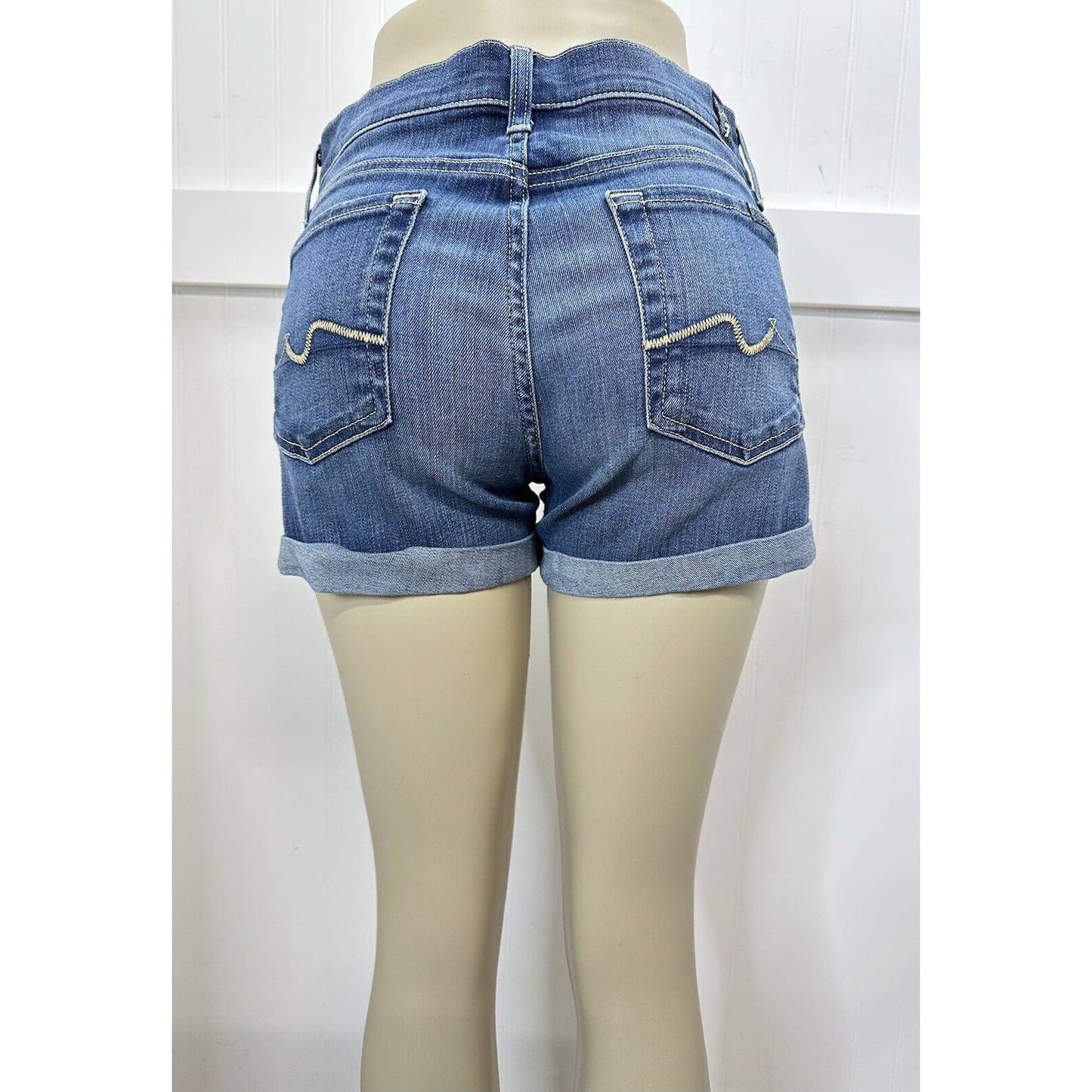 7 For All Mankind Cuffed Jean Shorts Sz 27 Blue Stretch Denim 3" Inseam 7FAM