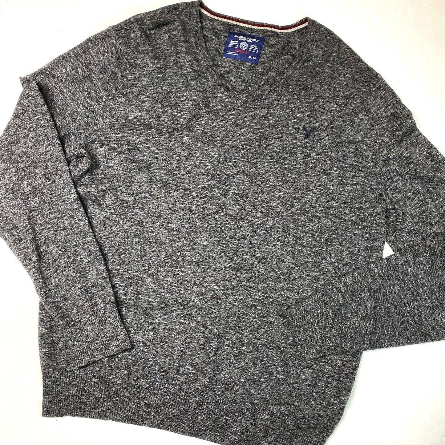 American Eagle Sweater Mens XL Gray V-Neck Athletic Fit Long Sleeve Knit Cotton