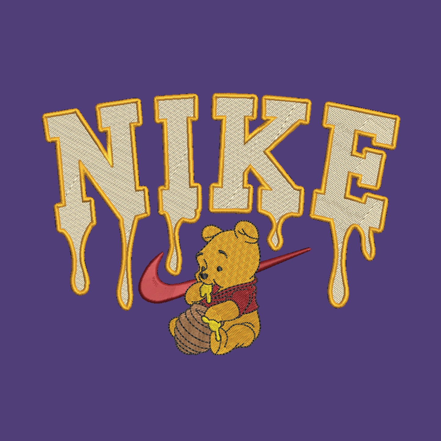 purple background with embroidered winnie the pooh with honey dripping from the nike logo