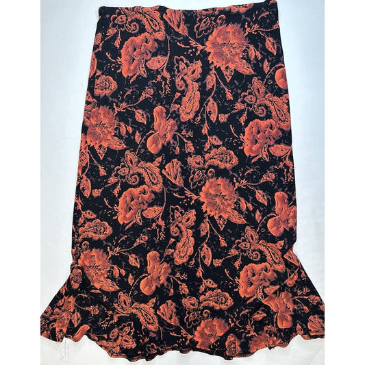 NYPL Collection Slinky Knit Maxi Skirt Sz Large Floral Red/Black Pull On Long