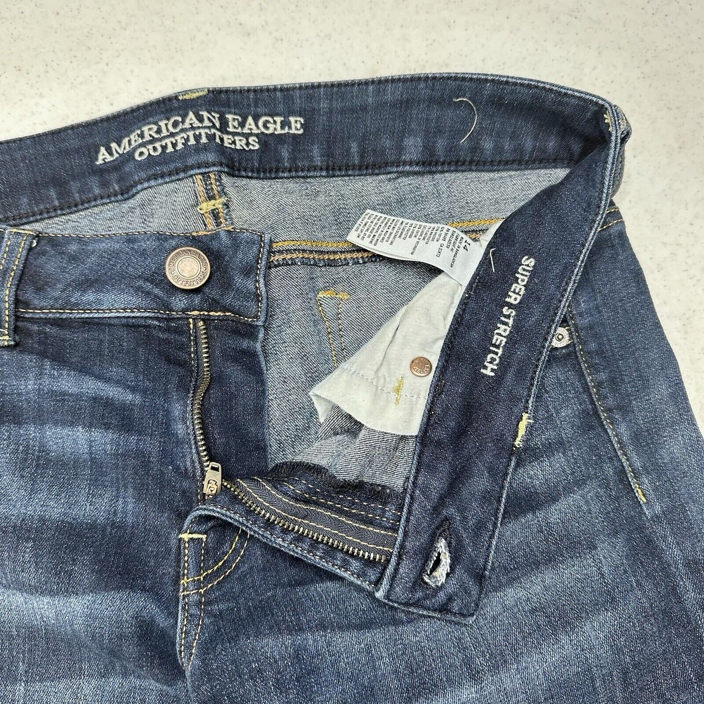 American Eagle Shorts Womens 14 Midi Blue Jean Denim Super Stretch Distress Fray