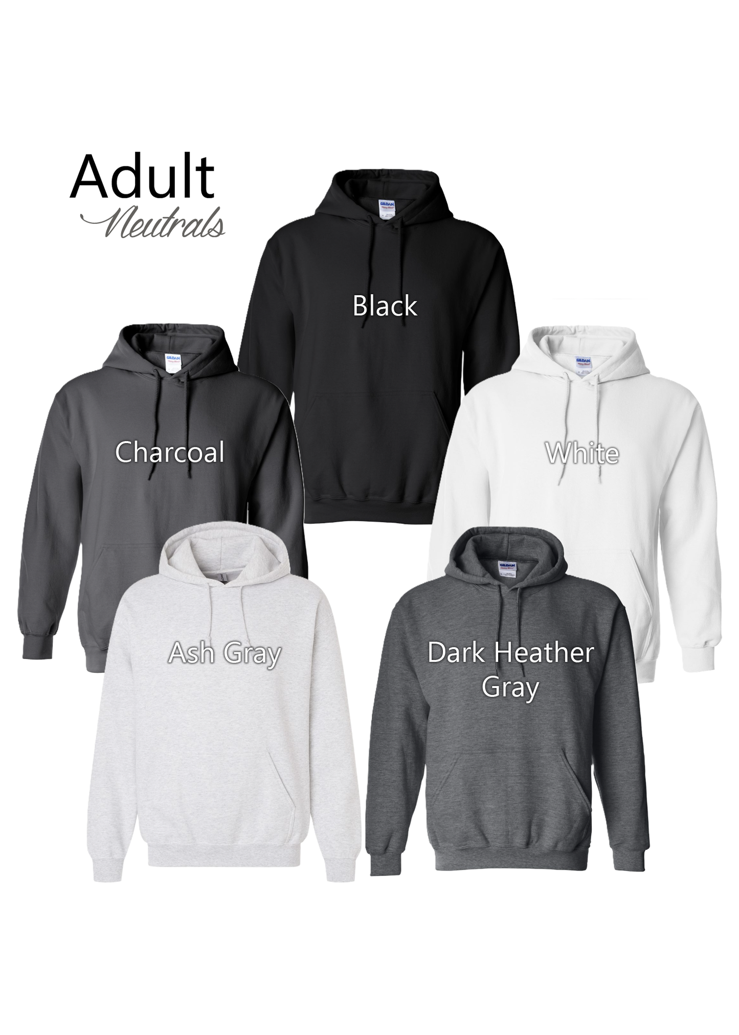 Collection of hoodies in various colors with labels on a white background
