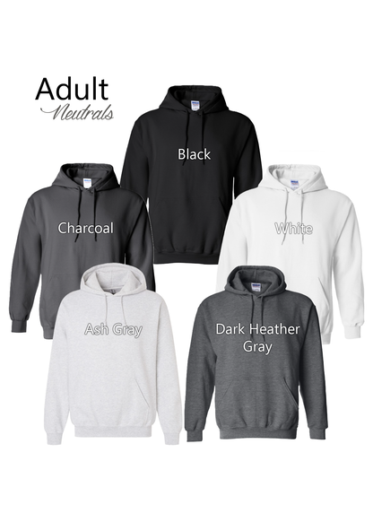 Collection of hoodies in various colors with labels on a white background