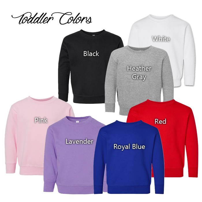 Collection of toddler sweatshirts in various colors with labels on a white background.