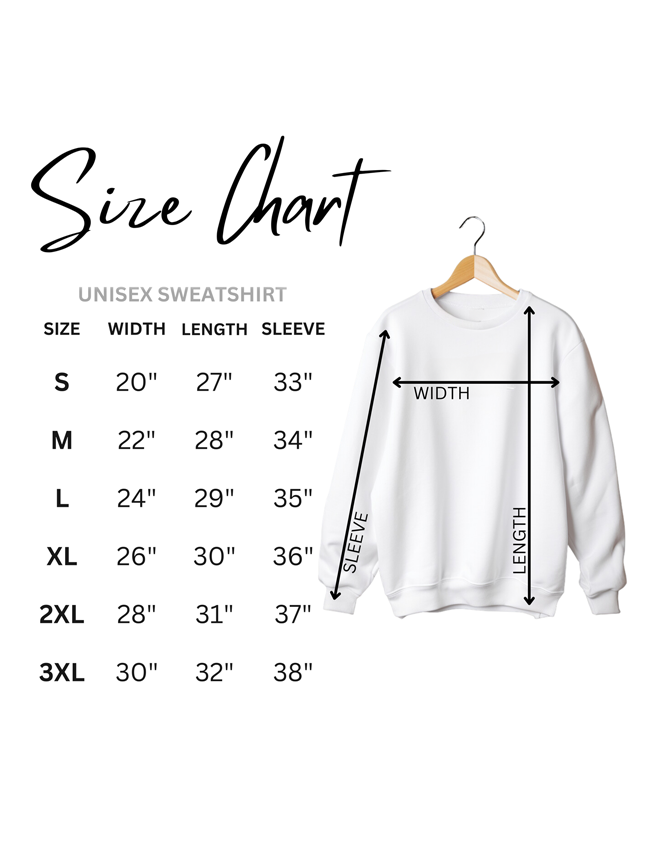 A size chart graphic for a unisex sweatshirt showing a white sweatshirt on a hanger with arrows indicating width and sleeve length, alongside a size table listing S through 3XL with width, length, and sleeve measurements.