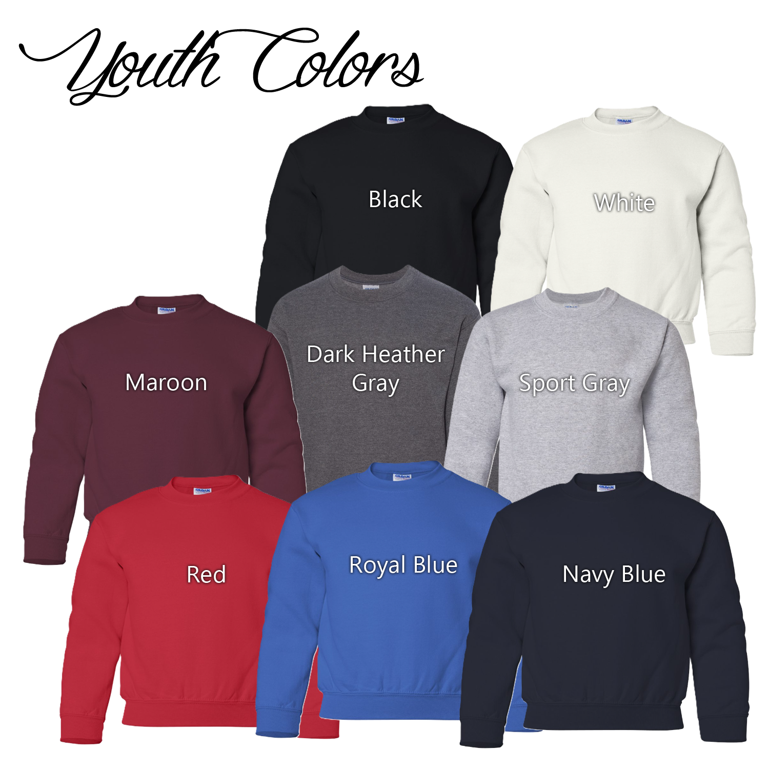 Collection of youth sweatshirts in various colors with labels on a white background.