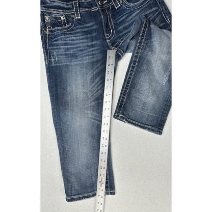 Miss Me Jeans 29 Capri Embroidery Rhinestones Distress Denim Y2K Western *Flaw