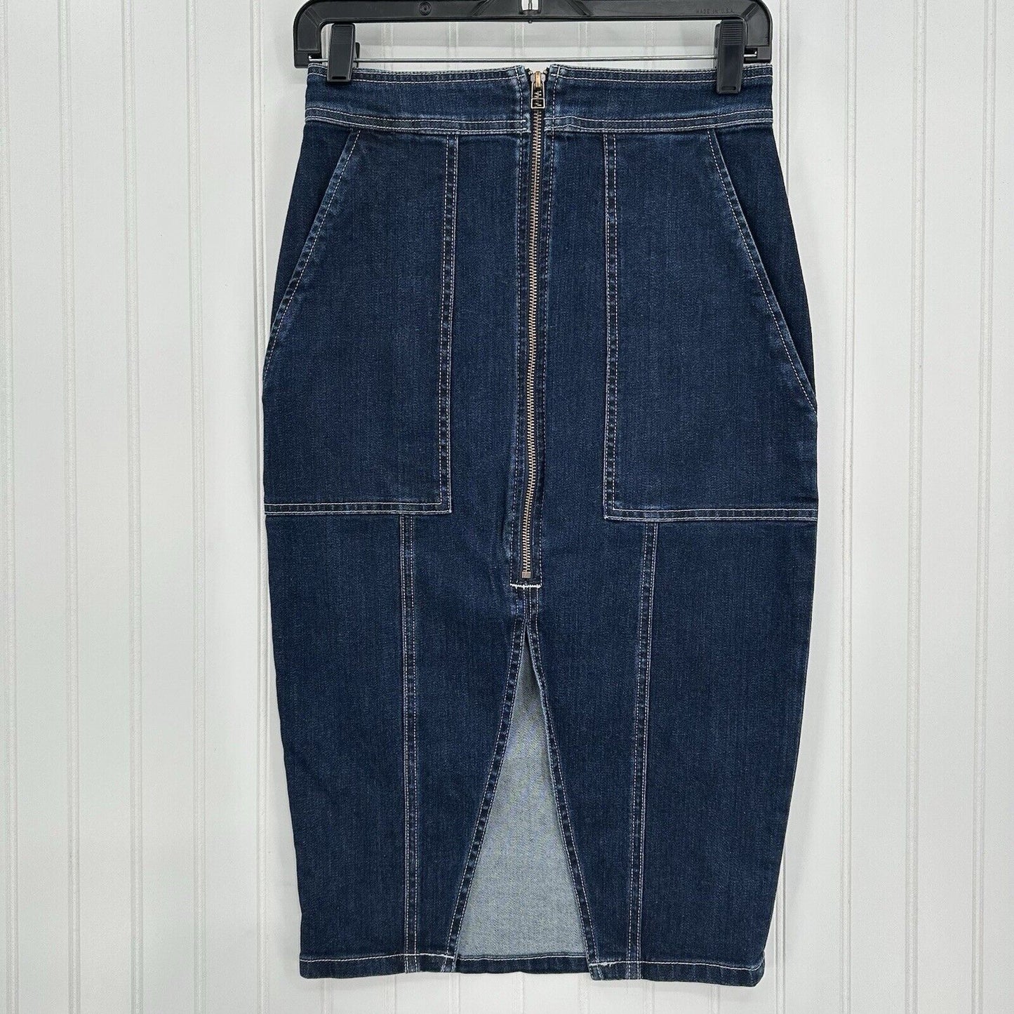 Ramy Brook Skirt Womens 26 Marietta Denim Blue Jean Midi Pencil Zipper Slit EUC