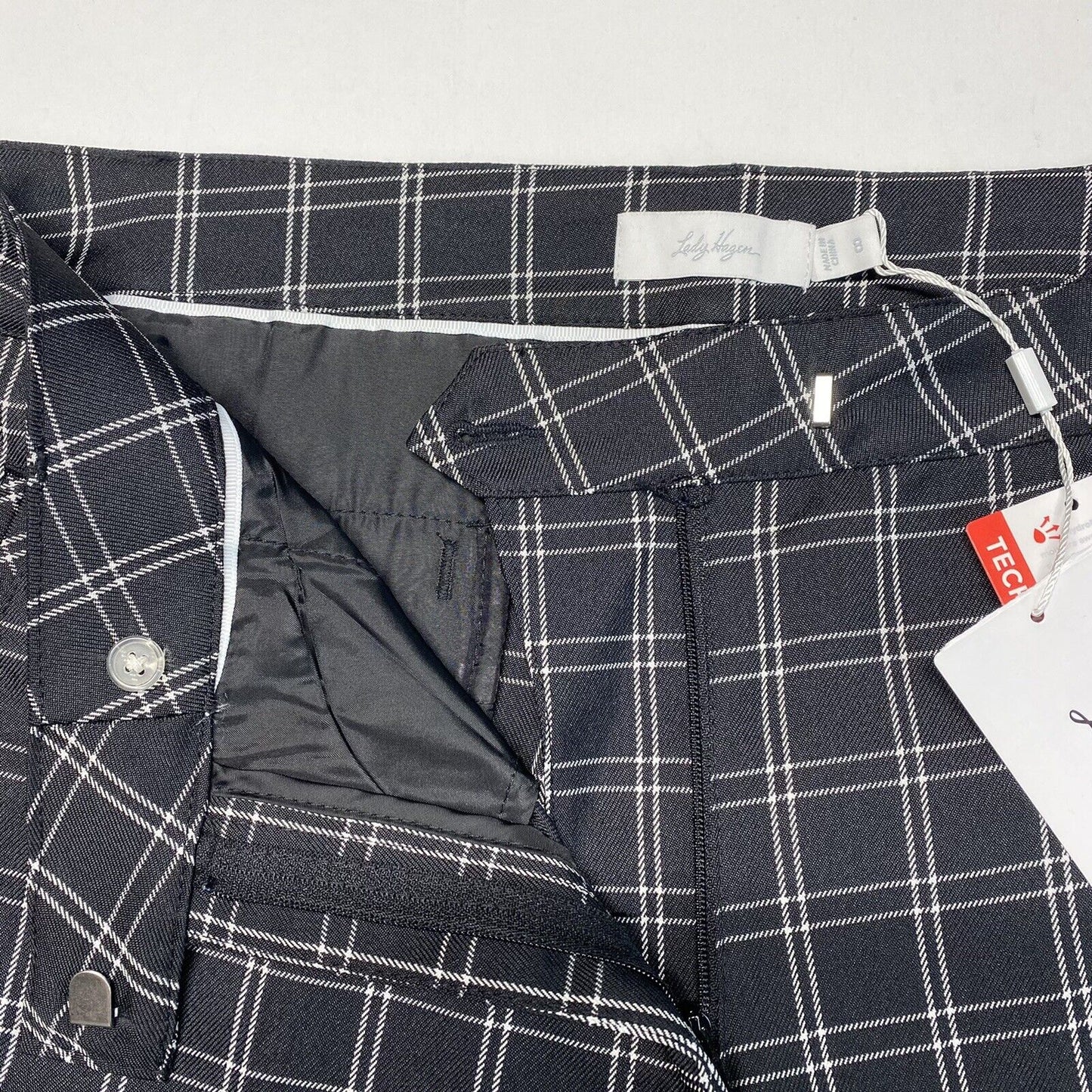 Lady Hagen Shorts Womens 8 Bermuda Golf Midrise Plaid Black White Casual NEW
