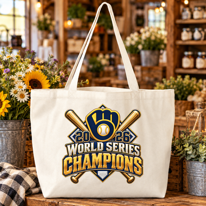 A large off-white canvas tote bag with a '2025 World Series Champions' graphic, displayed on a rustic wooden table in a cozy, blurred shop setting with flowers and plants.