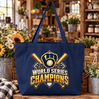 A navy blue canvas tote bag with a gold and white '2026 World Series Champions' graphic, displayed on a rustic wooden table in a cozy, blurred shop setting with flowers and plants.