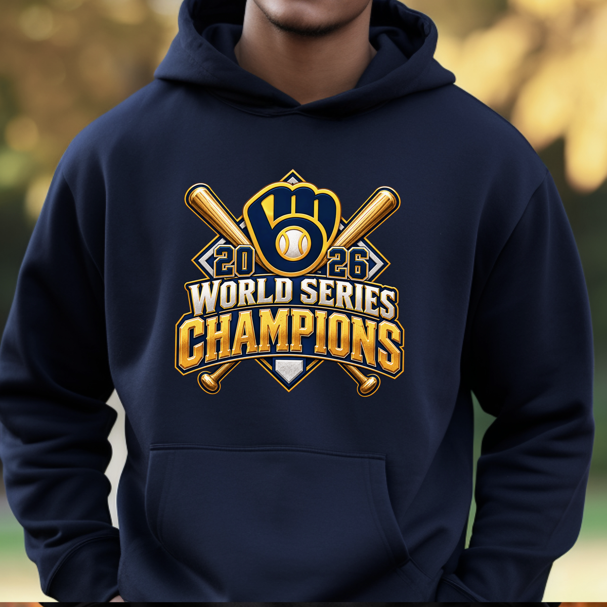 A navy blue hoodie worn by a model, featuring a large gold and white '2026 World Series Champions' graphic on the chest with baseball-themed elements.