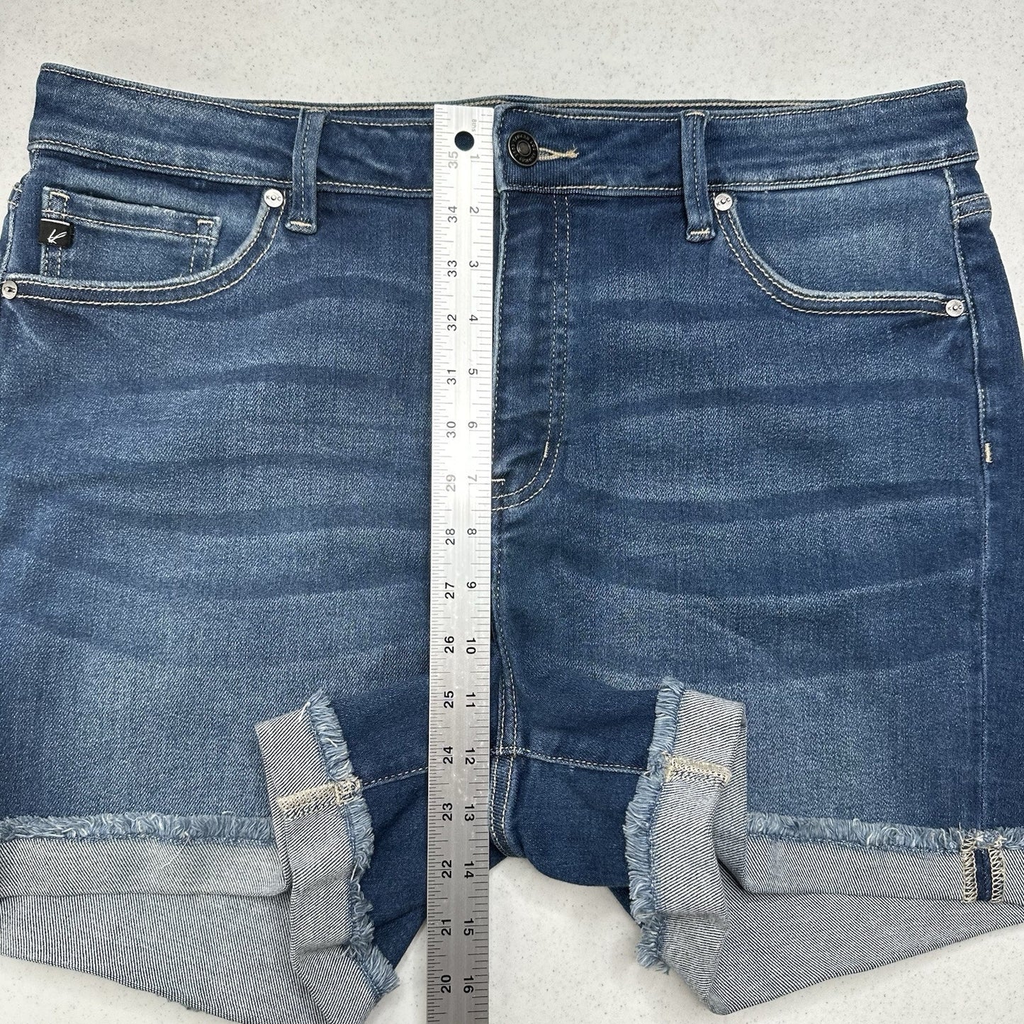 Kancan Shorts Womens 16W Cuffed Blue Denim Jean 4" Stretch Comfort Fringe EUC