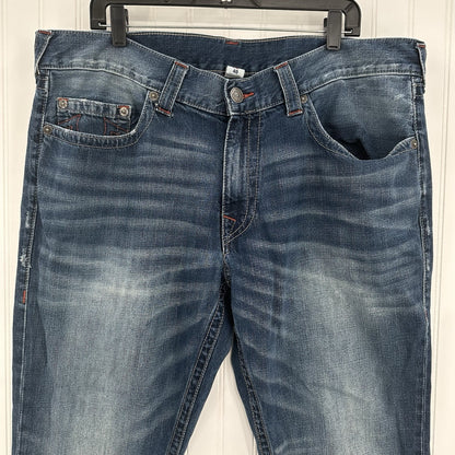 True Religion Jeans Mens 40x34 Section Straight Leg Blue Denim Distressed *Flaw