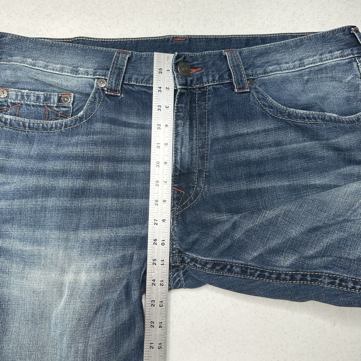 True Religion Jeans Mens 40x34 Section Straight Leg Blue Denim Distressed *Flaw