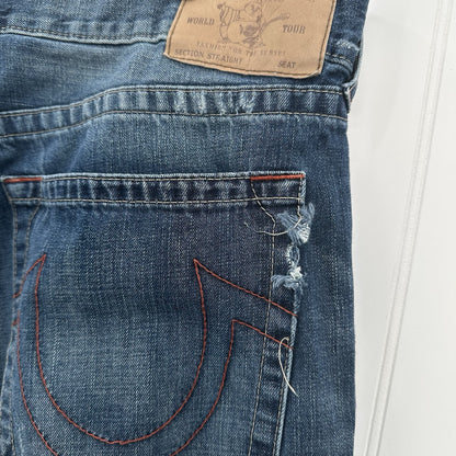 True Religion Jeans Mens 40x34 Section Straight Leg Blue Denim Distressed *Flaw