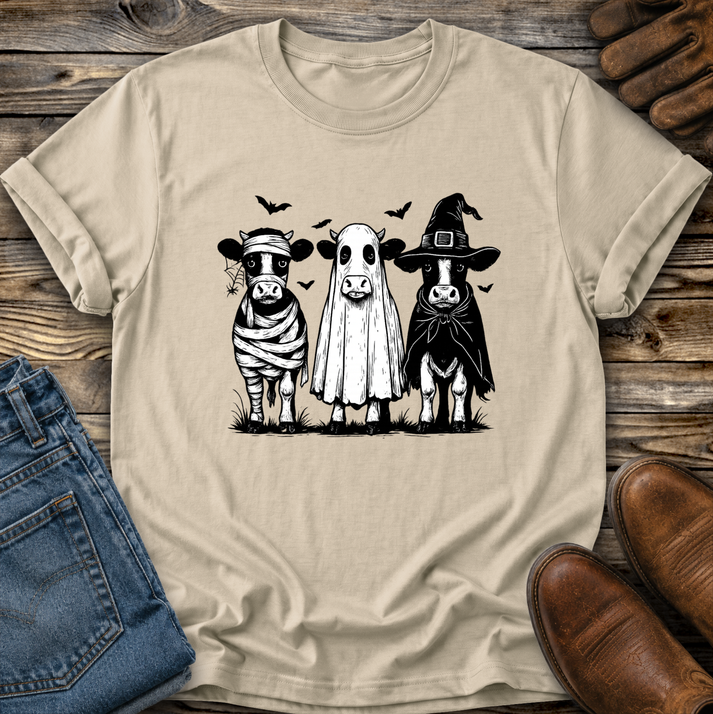 beige tshirt with funny graphic of 3 cow dressed up in halloween costumes