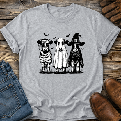 gray tshirt with funny graphic of 3 cow dressed up in halloween costumes