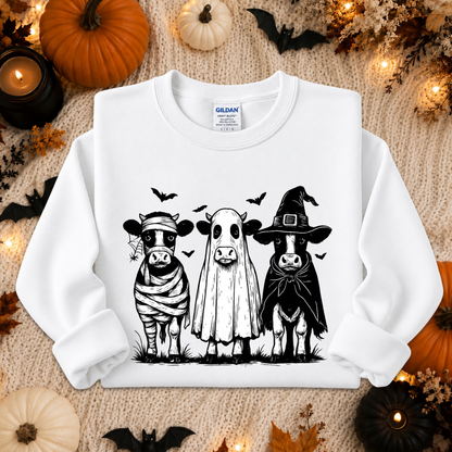 A white long-sleeve crewneck sweatshirt laid flat on a cozy beige knit blanket, surrounded by Halloween decorations including pumpkins, candles, leaves, and bats. The sweatshirt features a black graphic print of three cows dressed as a mummy, a ghost, and a witch.