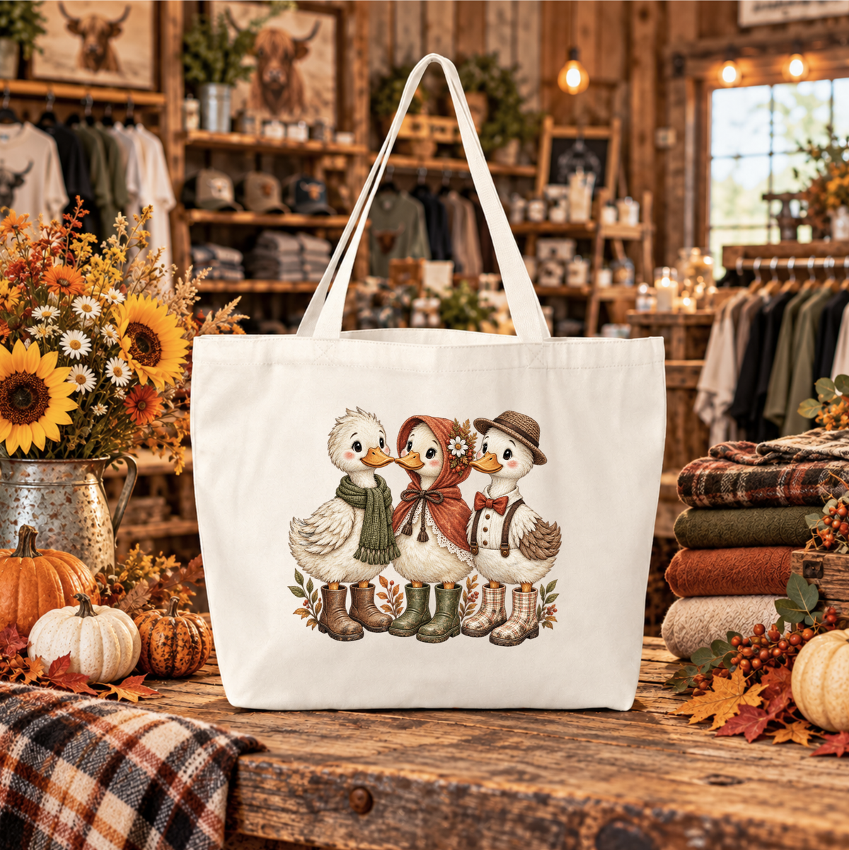 beige canvas tote bag with a graphic of 3 ducks dressed in fall clothing and boots