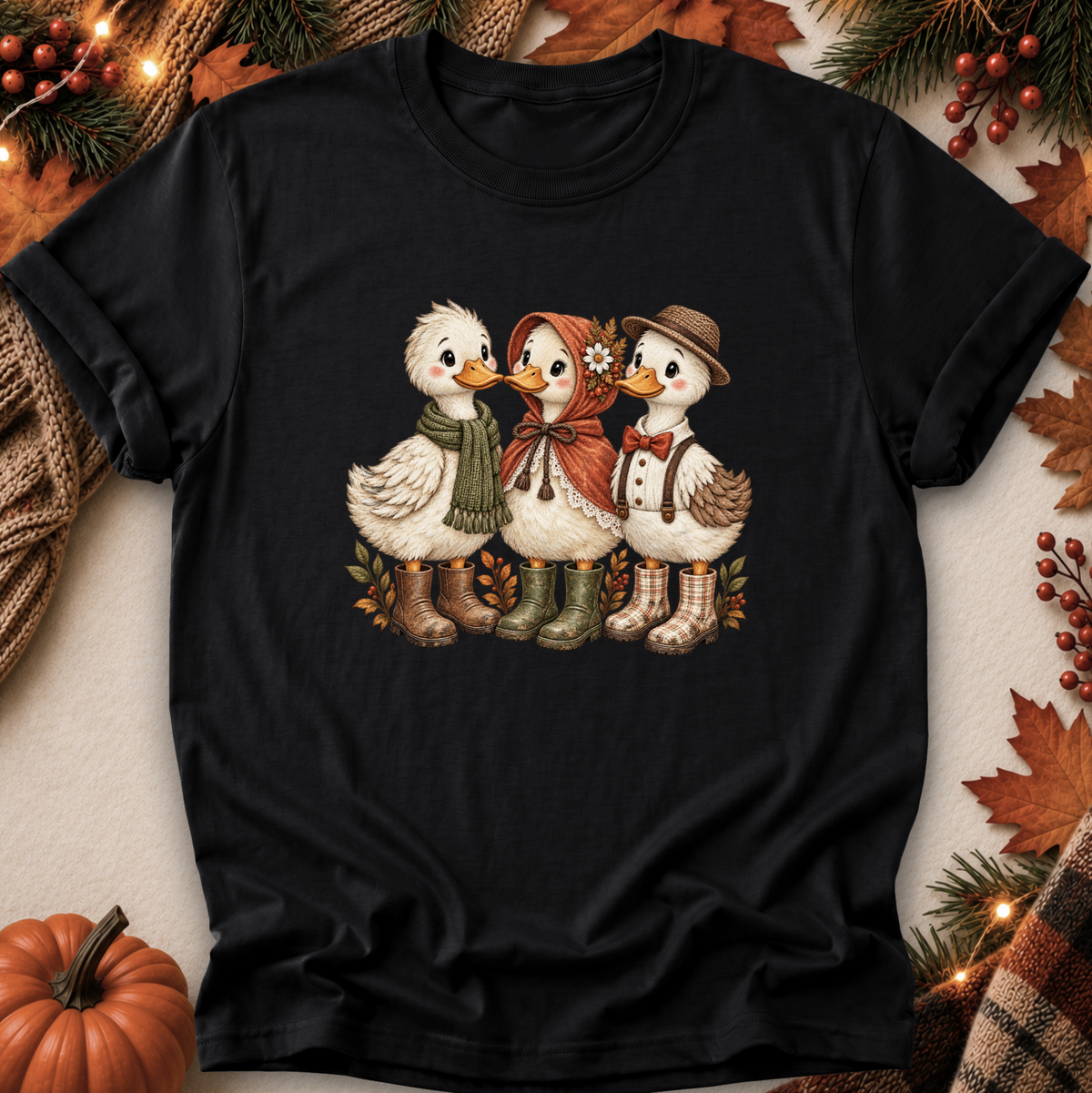 A black short-sleeve crewneck t-shirt featuring a graphic of three cute cartoon ducks dressed in autumn clothing, styled in a flat-lay with fall-themed props like a pumpkin, pine branches, and leaves.