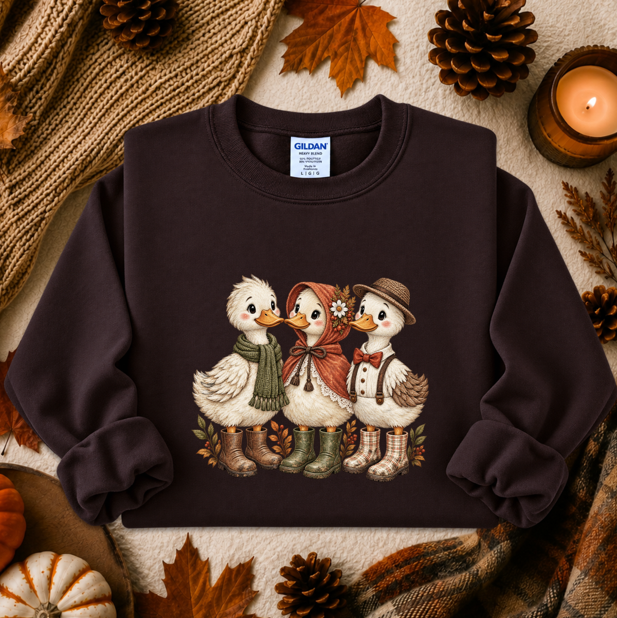 A dark brown crewneck sweatshirt featuring a graphic of three cute ducks dressed in autumn clothing, styled in a cozy fall flat-lay with pinecones, leaves, a candle, and a knit blanket.