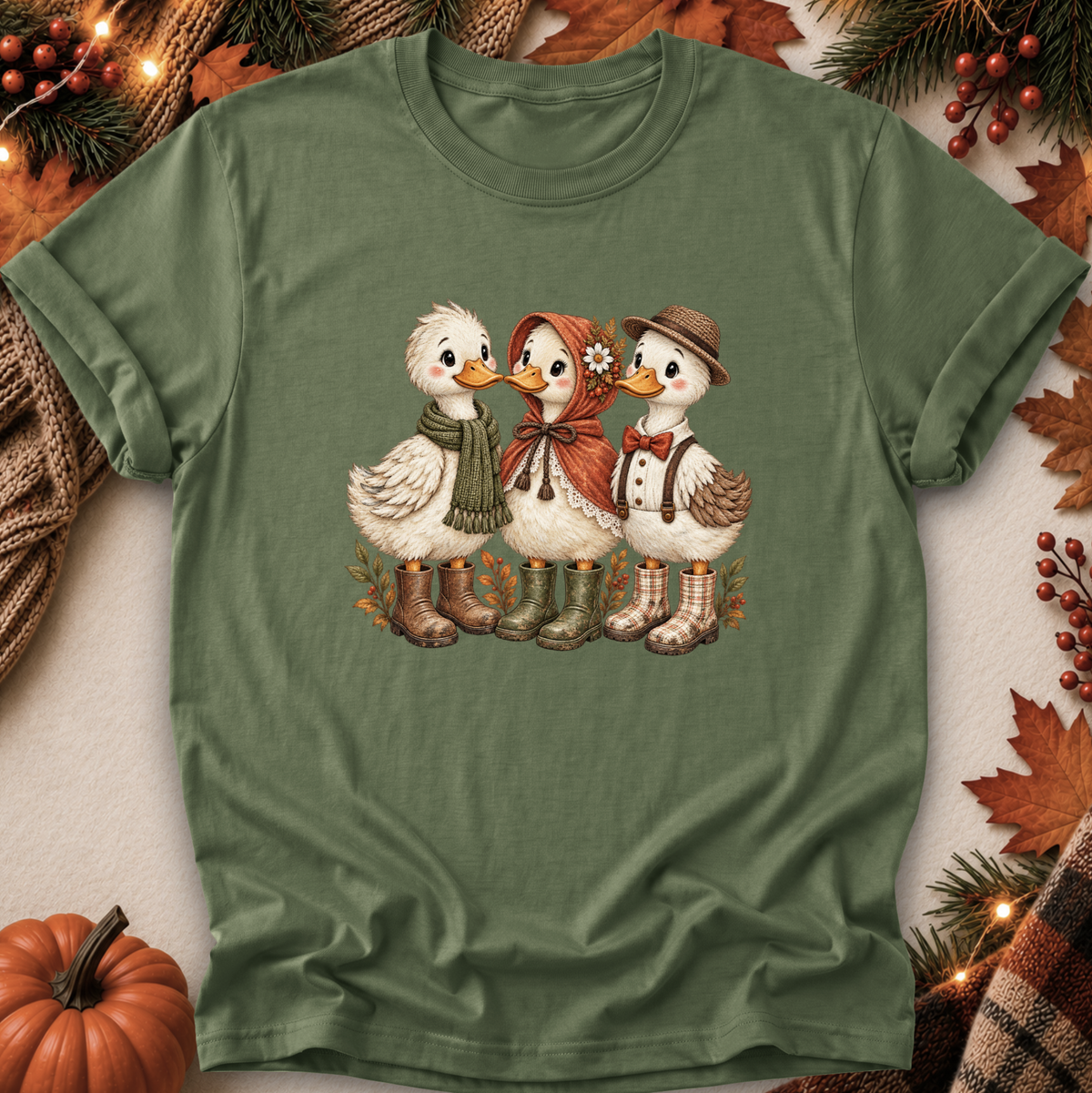 An olive green short-sleeve t-shirt with a graphic of three cute cartoon ducks dressed in autumn clothing and boots, laid flat on a neutral background with seasonal props like a pumpkin, pine branches, and fall leaves.