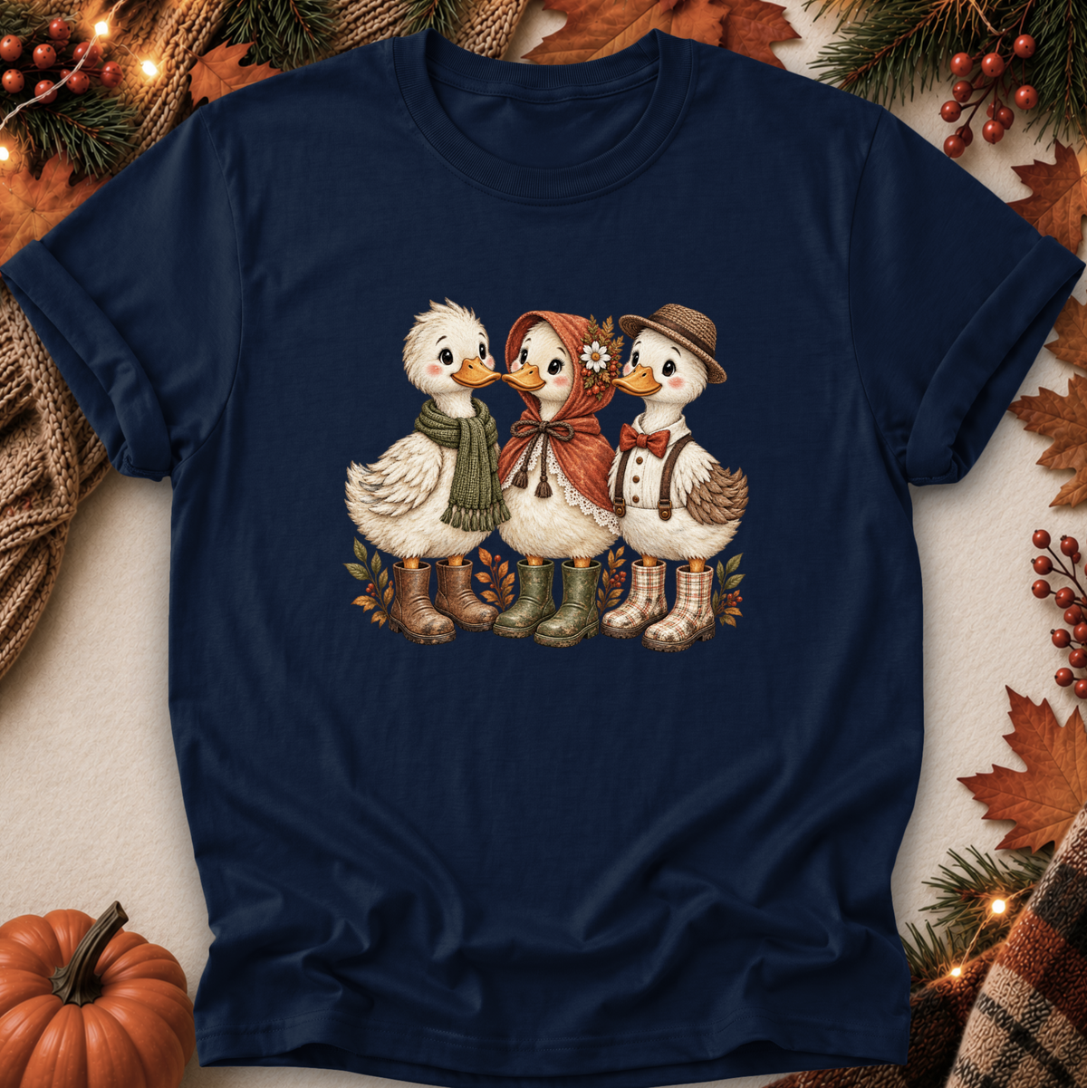 A navy blue short-sleeve t-shirt with a vintage-style graphic of three cute ducks dressed in autumn clothing, laid flat on a neutral background with seasonal props like a pumpkin, pine branches, and fall leaves.