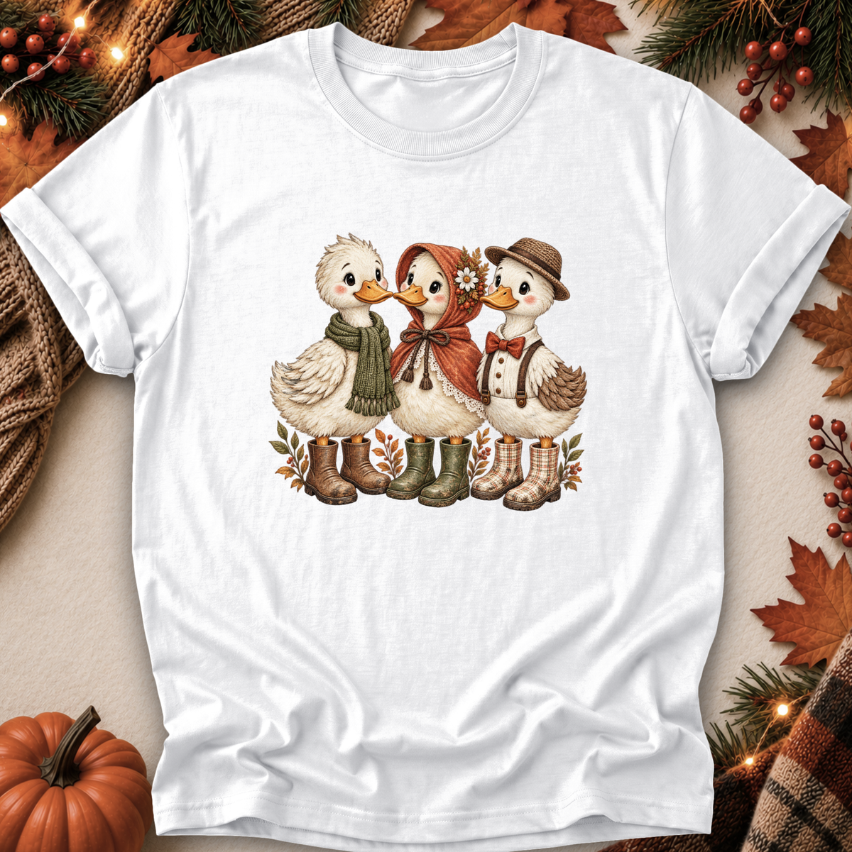 A white short-sleeve crewneck t-shirt featuring a vintage-style graphic of three cute ducks dressed in autumn clothing, surrounded by a cozy fall-themed flat-lay background with a pumpkin, pine branches, and leaves.