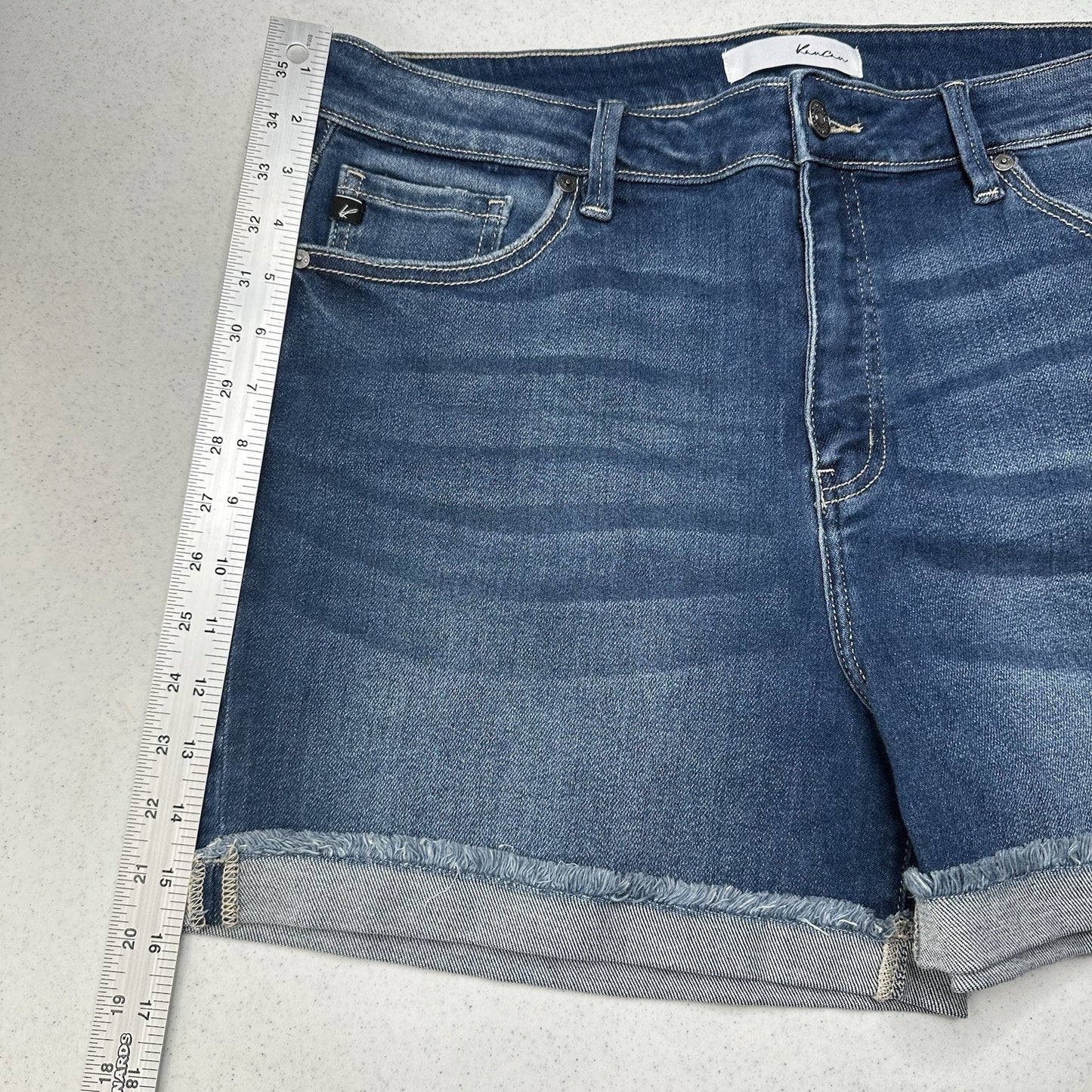 Kancan Shorts Womens 16W Cuffed Blue Denim Jean 4" Stretch Comfort Fringe EUC