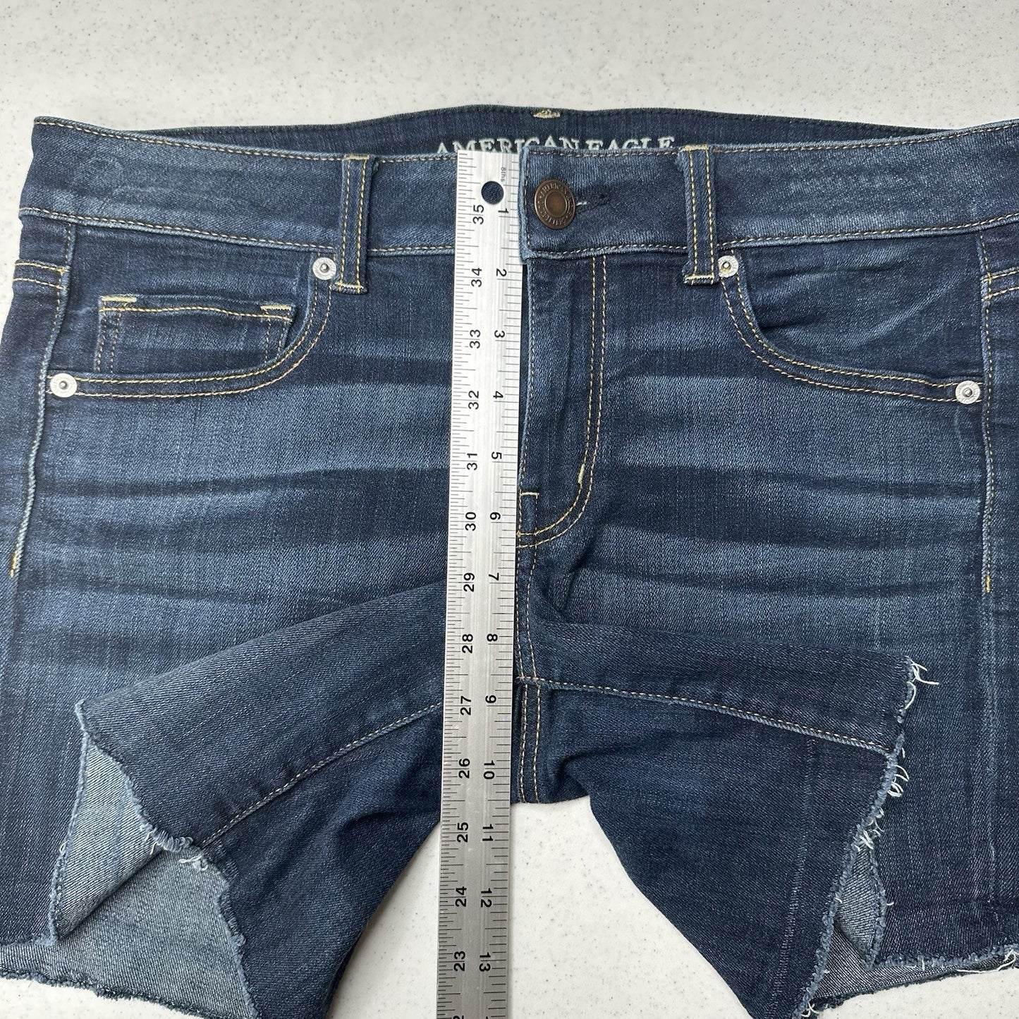 American Eagle Shorts Womens 12 Midi Blue Jean Denim Super Stretch Cut Off Fray
