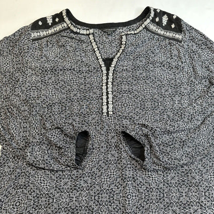 Lucky Brand Top Womens 1X Black White Embroidered Boho Lightweight Shirt Hi Low
