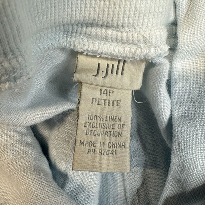 J Jill Linen Pants Womens 14 Petite Light Blue Wide Leg Ankle Floral Embroidery
