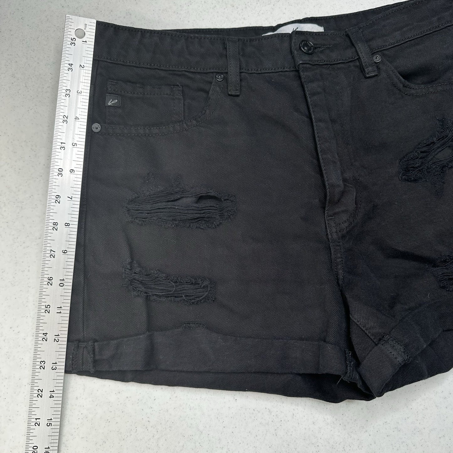 Kancan Shorts Womens Large High Rise Cuffed Black Jean Denim Distress Grunge EUC
