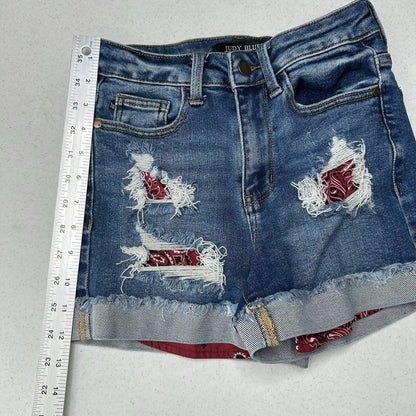 Judy Blue Shorts Womens XS Cuffed Blue Jean Denim Distressed Bandana Print *Flaw