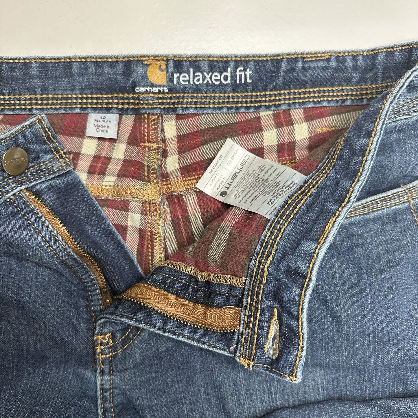 Carhartt Flannel Lined Jeans Women 12 Relaxed Fit Straight Blue Denim Plaid Work