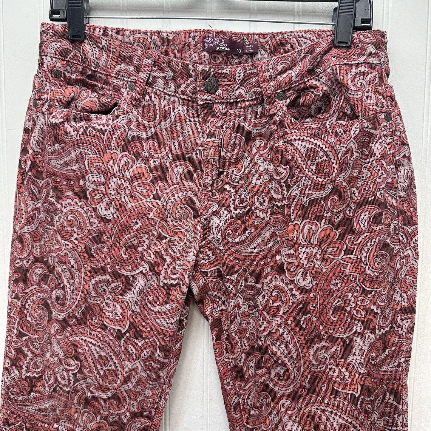 Prana Jeans 10 Womens Corduroy Trinity Skinny Slim Pink Rhubarb Paisley Preppy