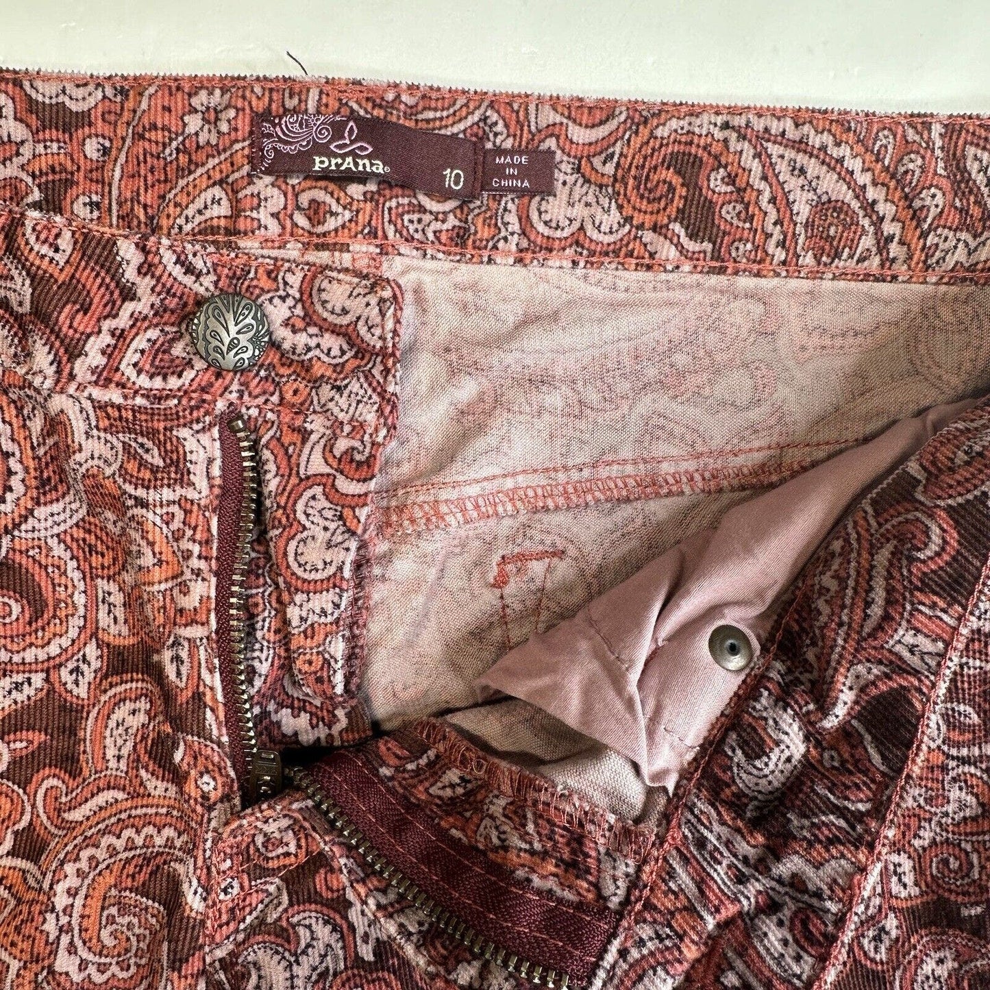 Prana Jeans 10 Womens Corduroy Trinity Skinny Slim Pink Rhubarb Paisley Preppy