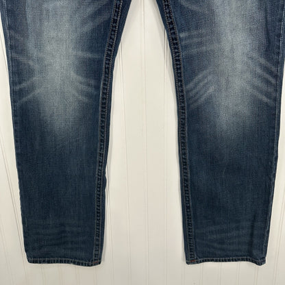 True Religion Jeans Mens 40x34 Section Straight Leg Blue Denim Distressed *Flaw