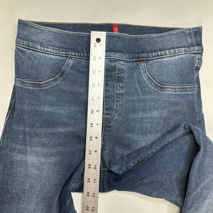 Spanx Jeans Women Medium Ankle Skinny Blue Pull On Stretch Denim Distressed Fray