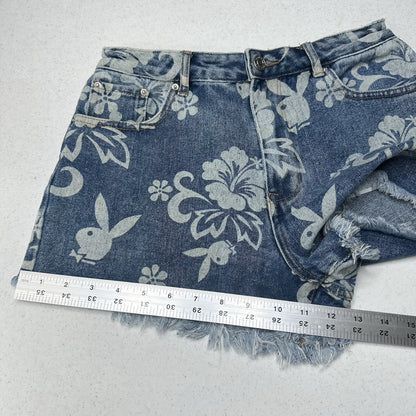 PlayBoy Pacsun Shorts Womens 27 Blue Jean Denim Fringe 90s Grunge Floral Bunny