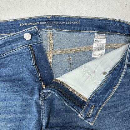 Chicos Jeans 2 US 12 So Slimming Girlfriend Slim Leg Crop Blue Fray Distressed