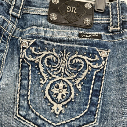 Miss Me Jeans 29 Capri Embroidery Rhinestones Distress Denim Y2K Western *Flaw