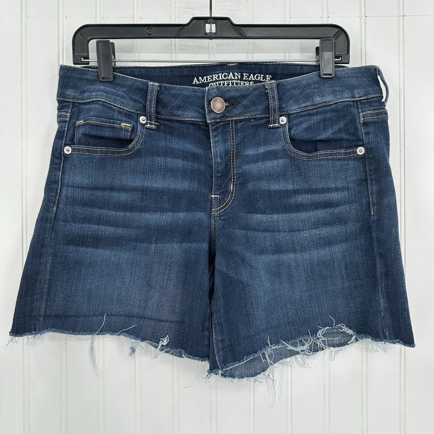 American Eagle Shorts Womens 14 Midi Blue Jean Denim Super Stretch Distress Fray
