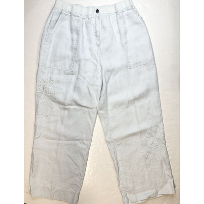 J Jill Linen Pants Womens 14 Petite Light Blue Wide Leg Ankle Floral Embroidery